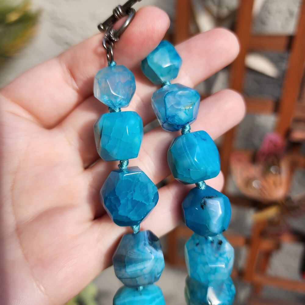 Lucas Lameth Blue Dragon Vein Agate Necklace LUC 925 Chunky Faceted Large Bead - Picture 5 of 11